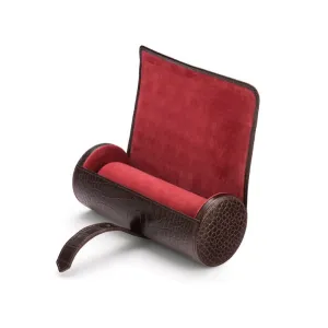Large Leather Watch Roll - Brown Croc With Red