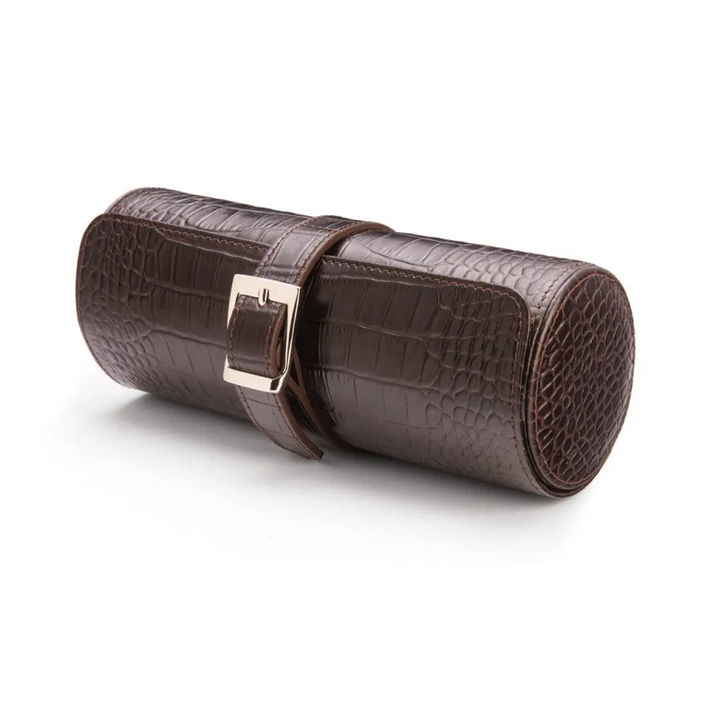 Large Leather Watch Roll - Brown Croc With Red