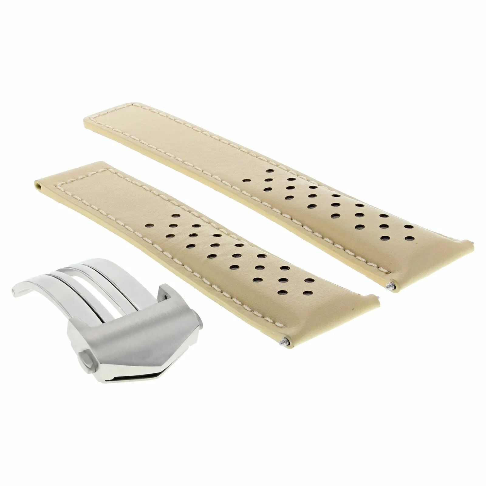 LEATHER WATCH BAND CLASP 22MM FOR TAG HEUER MONACO GRAND CARRERA BEIGE PERFORAT