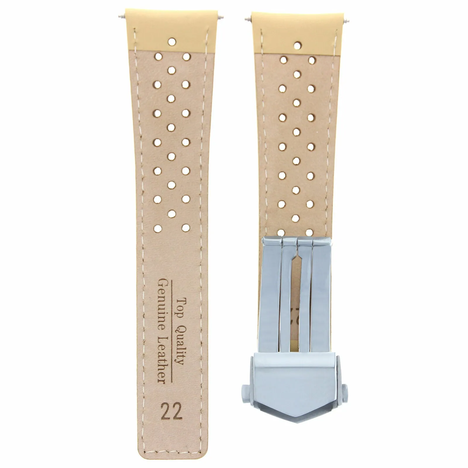 LEATHER WATCH BAND CLASP 22MM FOR TAG HEUER MONACO GRAND CARRERA BEIGE PERFORAT