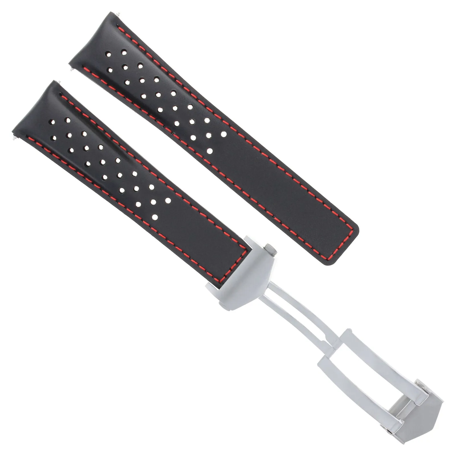 LEATHER WATCH BAND STRAP DEPLOYMENT 20MM FOR TAG HEUER CARRERA BLACK RED STITCH