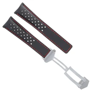 LEATHER WATCH BAND STRAP DEPLOYMENT 20MM FOR TAG HEUER CARRERA BLACK RED STITCH