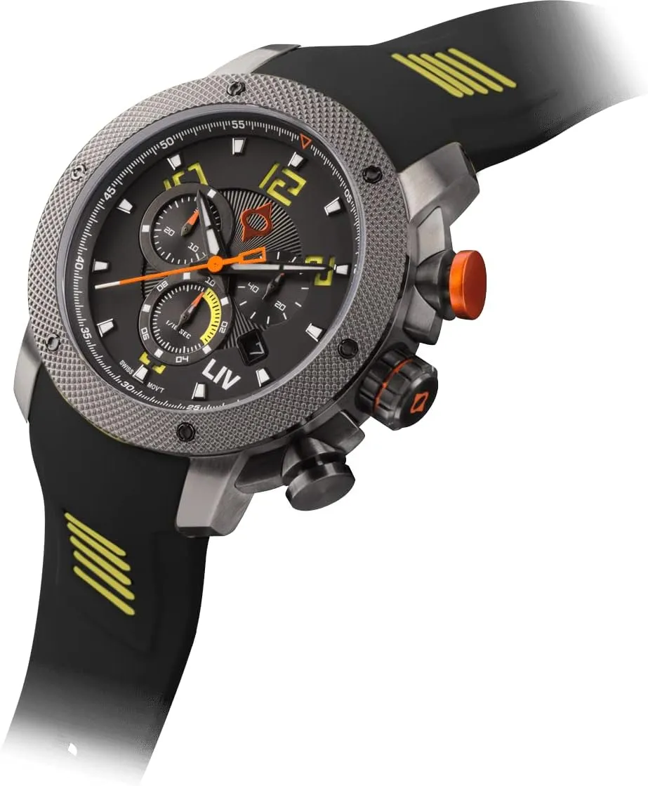 LIV GX1 Swiss Made Chronograph 45mm 316L SS Case, 3D Multi-Layer w/Quickset Date - Rugged Classic Watch for Men- Scratch Resistant Sapphire Crystal - 660 Feet Water Resistant - BGW9 Swiss Luminova