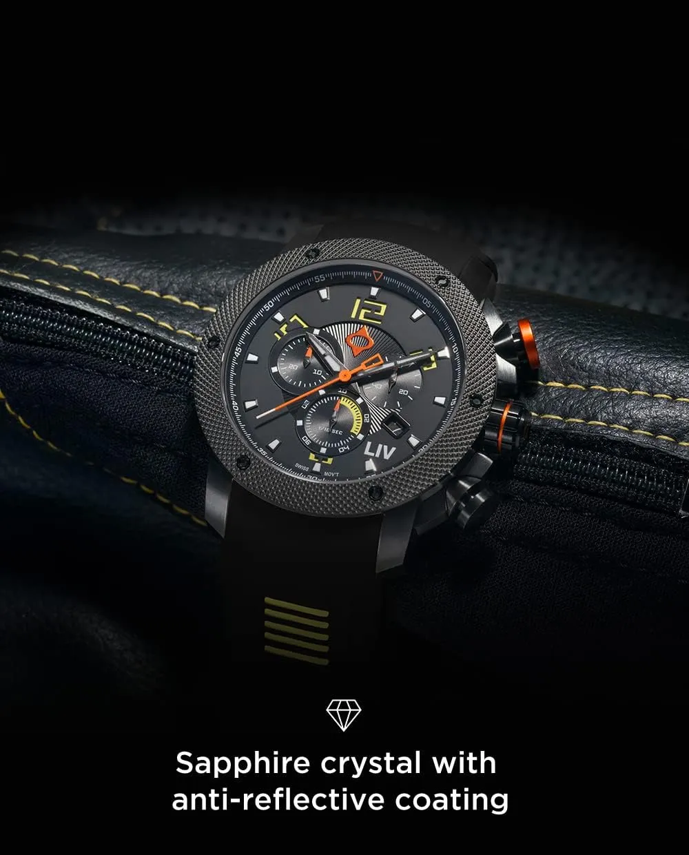LIV GX1 Swiss Made Chronograph 45mm 316L SS Case, 3D Multi-Layer w/Quickset Date - Rugged Classic Watch for Men- Scratch Resistant Sapphire Crystal - 660 Feet Water Resistant - BGW9 Swiss Luminova