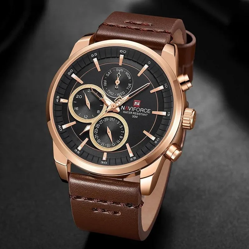 Male Military Genuine Leather Sport Watches Mens Waterproof Wristwatches