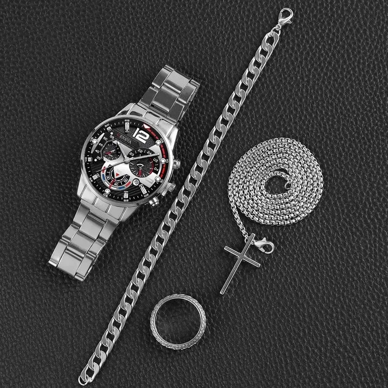Men's Business High-End Alloy Steel Belt With Calendar Quartz Watch Watches And Necklaces, Bracelets, Rings