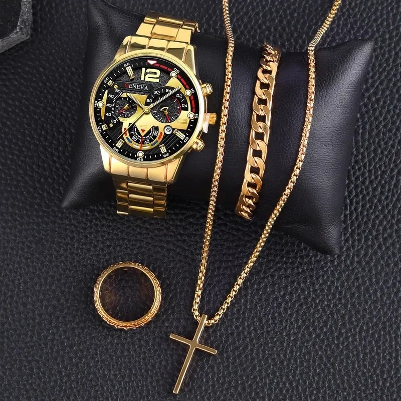 Men's Business High-End Alloy Steel Belt With Calendar Quartz Watch Watches And Necklaces, Bracelets, Rings