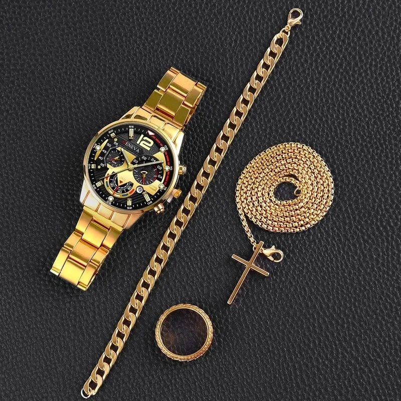 Men's Business High-End Alloy Steel Belt With Calendar Quartz Watch Watches And Necklaces, Bracelets, Rings