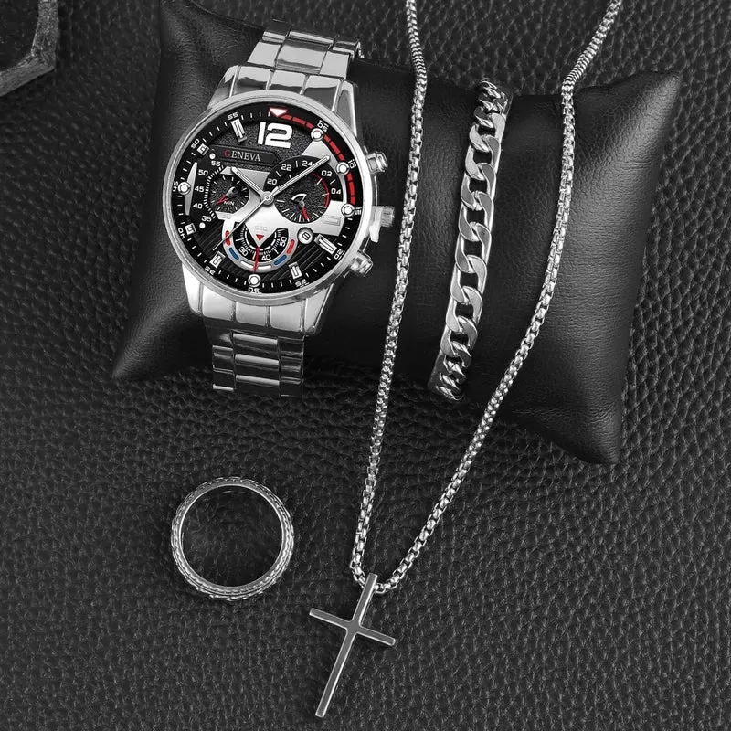 Men's Business High-End Alloy Steel Belt With Calendar Quartz Watch Watches And Necklaces, Bracelets, Rings