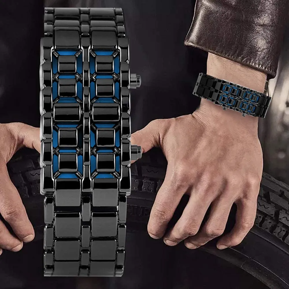 Mens Casual Simple Youth Sports Watch Electronic Binary Digital LED Lava Alloy Rectangular Chain Watches