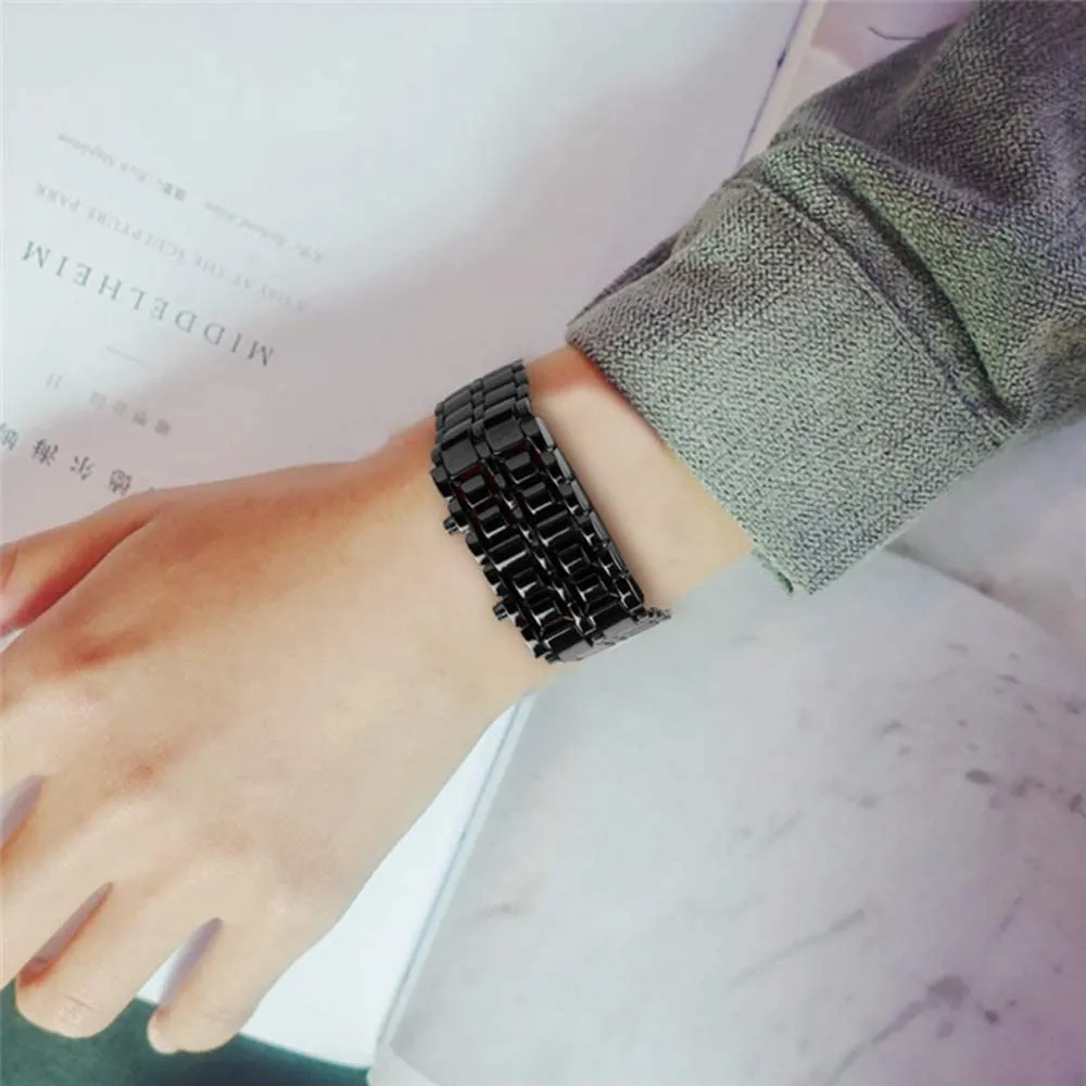 Mens Casual Simple Youth Sports Watch Electronic Binary Digital LED Lava Alloy Rectangular Chain Watches