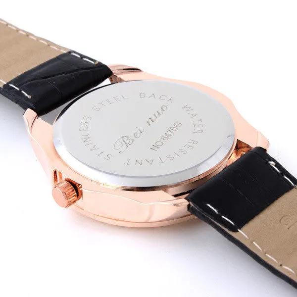 Men's Leather Watches Analog rose gold Steel Case Quartz Watch with Calendar Fashion Casual Wristwatch