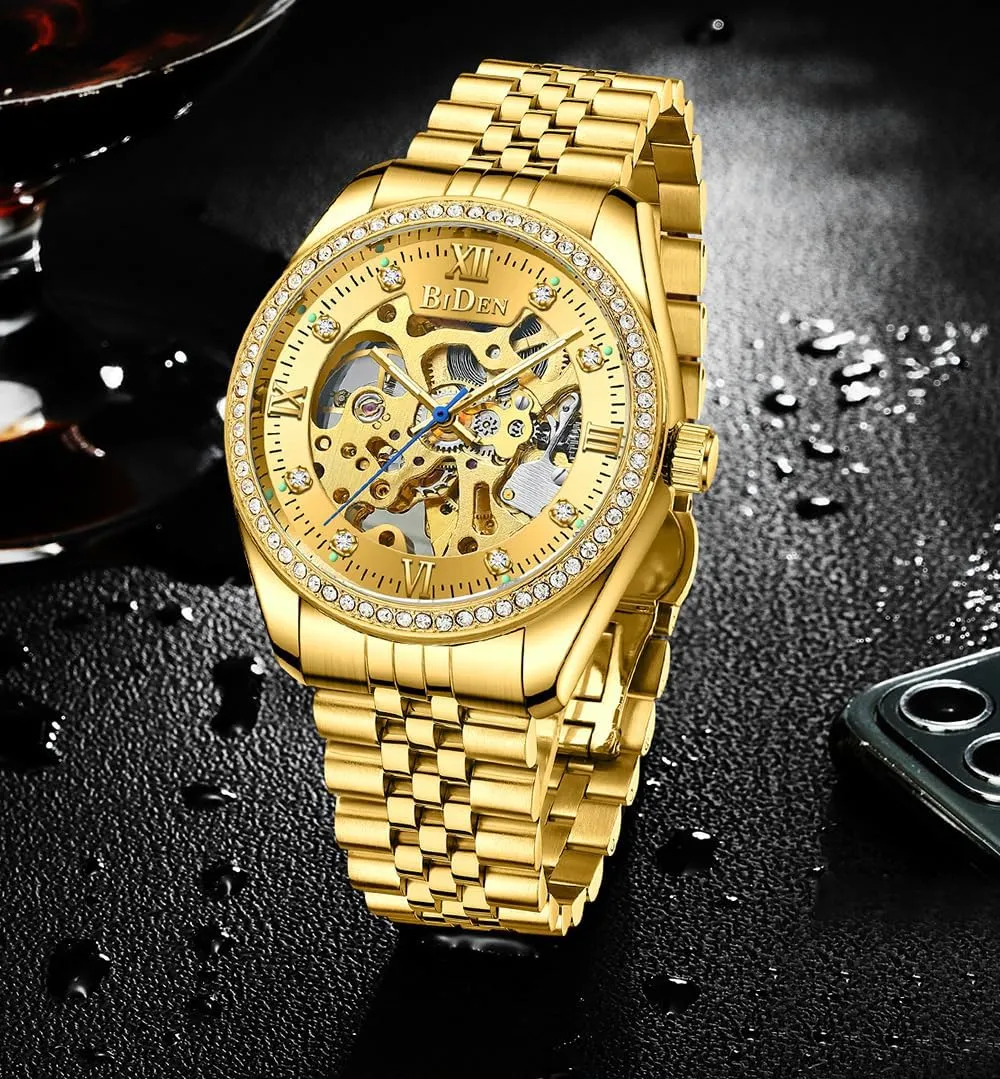 Men's Watch Automatic Self Wind Mechanical Wristwatch Stainless Steel Strap Rhinestone Golden Luxury Watch Nice Gift