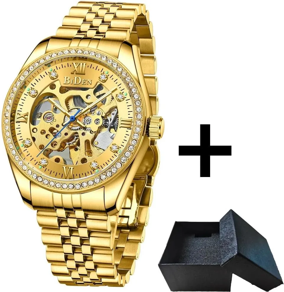 Men's Watch Automatic Self Wind Mechanical Wristwatch Stainless Steel Strap Rhinestone Golden Luxury Watch Nice Gift