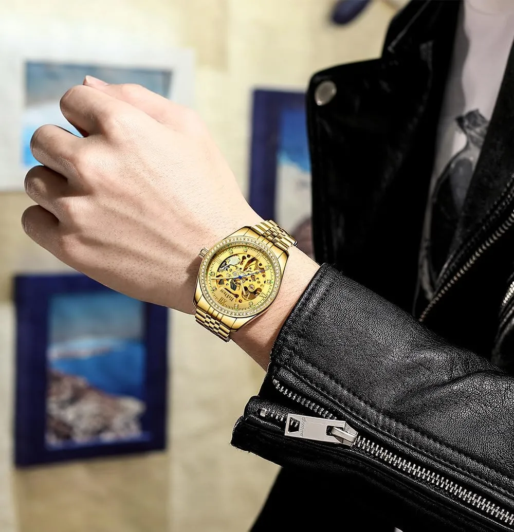 Men's Watch Automatic Self Wind Mechanical Wristwatch Stainless Steel Strap Rhinestone Golden Luxury Watch Nice Gift