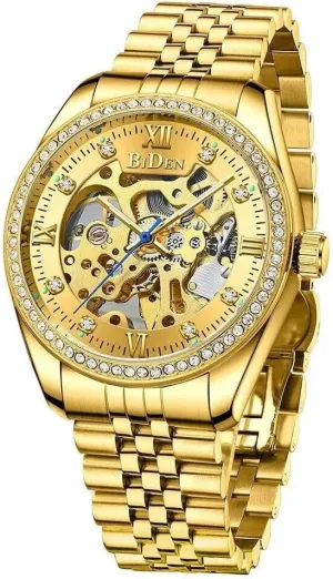 Men's Watch Automatic Self Wind Mechanical Wristwatch Stainless Steel Strap Rhinestone Golden Luxury Watch Nice Gift