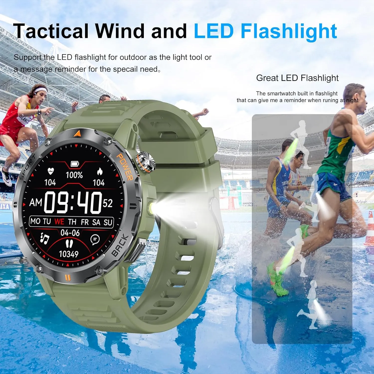 Military Smart Watch for Men, (Answer/Make Call) Fitness Tracker Smartwatch with Flashlight Compatible for Android & IPhone Waterproof with Blood Oxygen/HeartRate/Sleep/120  Sport Modes, Green