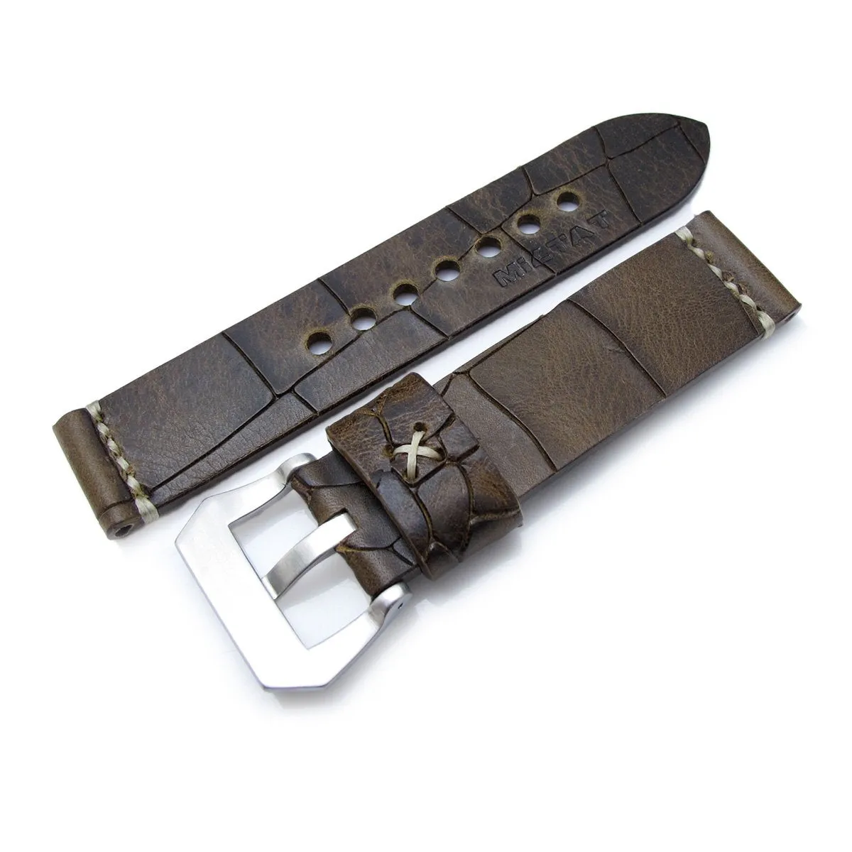 MiLTAT Zizz Collection 22mm Cracked Croco Dark Brown Watch Strap, Beige Stitching