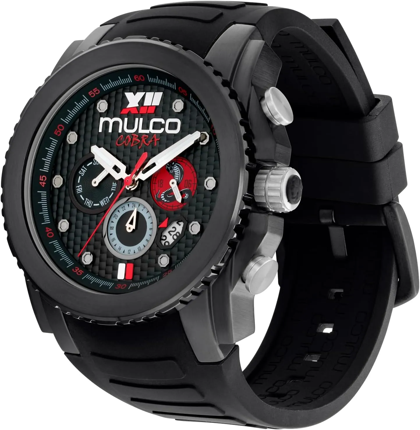 MULCO Watches for Men - Cobra, Stainless Steel Case with White Wrist Silicone Band, Quartz Multifunctional Movement, Large Face Premium Analog Display, 100m Water Resistant - Waterproof