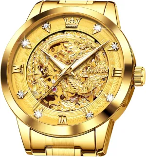 OLEVS Dragon Skeleton Mens Automatic Watch 42MM Large Dial Gold Luxury Self-Winding Diamond Waterproof Stainless Steel Business Tourbillon Mechanical Watches