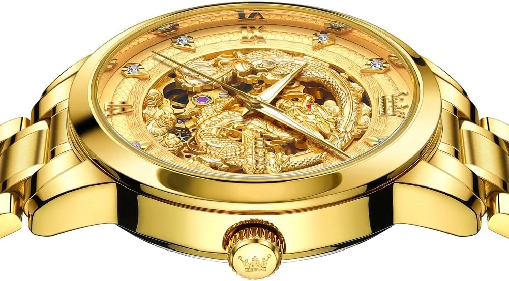 OLEVS Dragon Skeleton Mens Automatic Watch 42MM Large Dial Gold Luxury Self-Winding Diamond Waterproof Stainless Steel Business Tourbillon Mechanical Watches