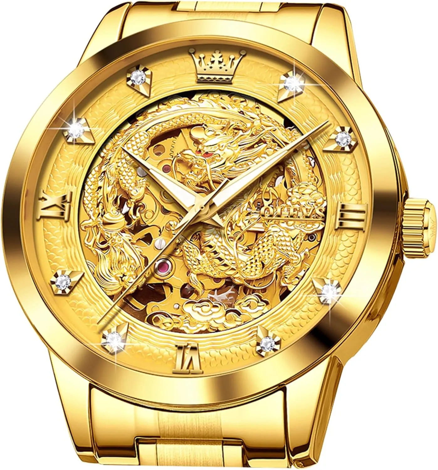 OLEVS Dragon Skeleton Mens Automatic Watch 42MM Large Dial Gold Luxury Self-Winding Diamond Waterproof Stainless Steel Business Tourbillon Mechanical Watches