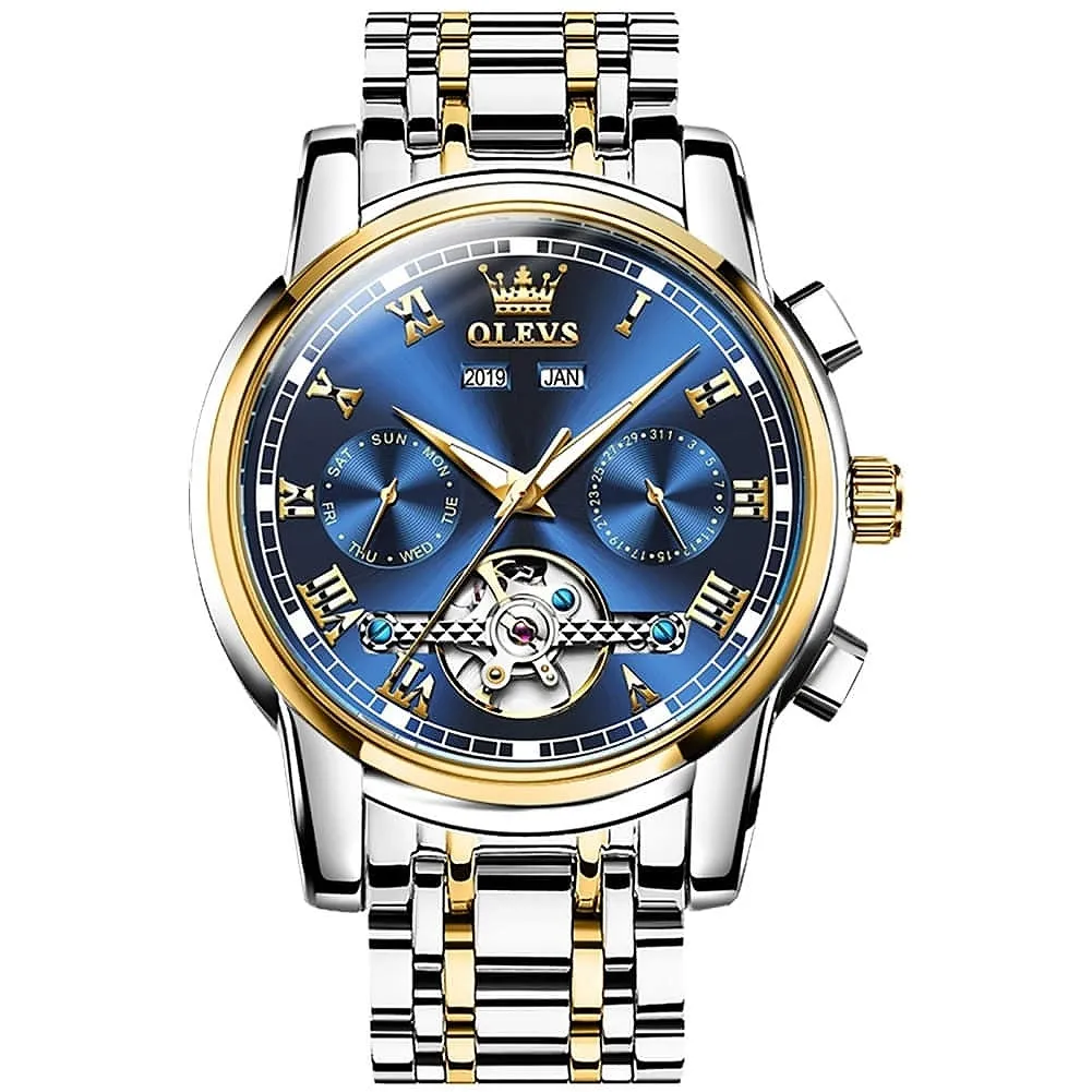 OLEVS Men's Watches Automatic Mechanical Business Wristwatch Waterproof Stainless Steel Strap Watch for Man Skeleton Calendar