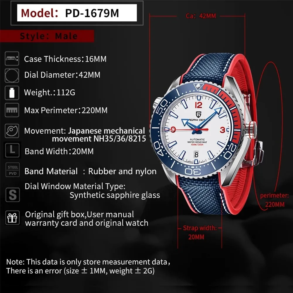 PAGANI DESIGN Classic Luxury Men&#39;s Automatic Watch Sapphire Glass Mechanical Wristwatch Stainless Steel 100M Waterproof Watches