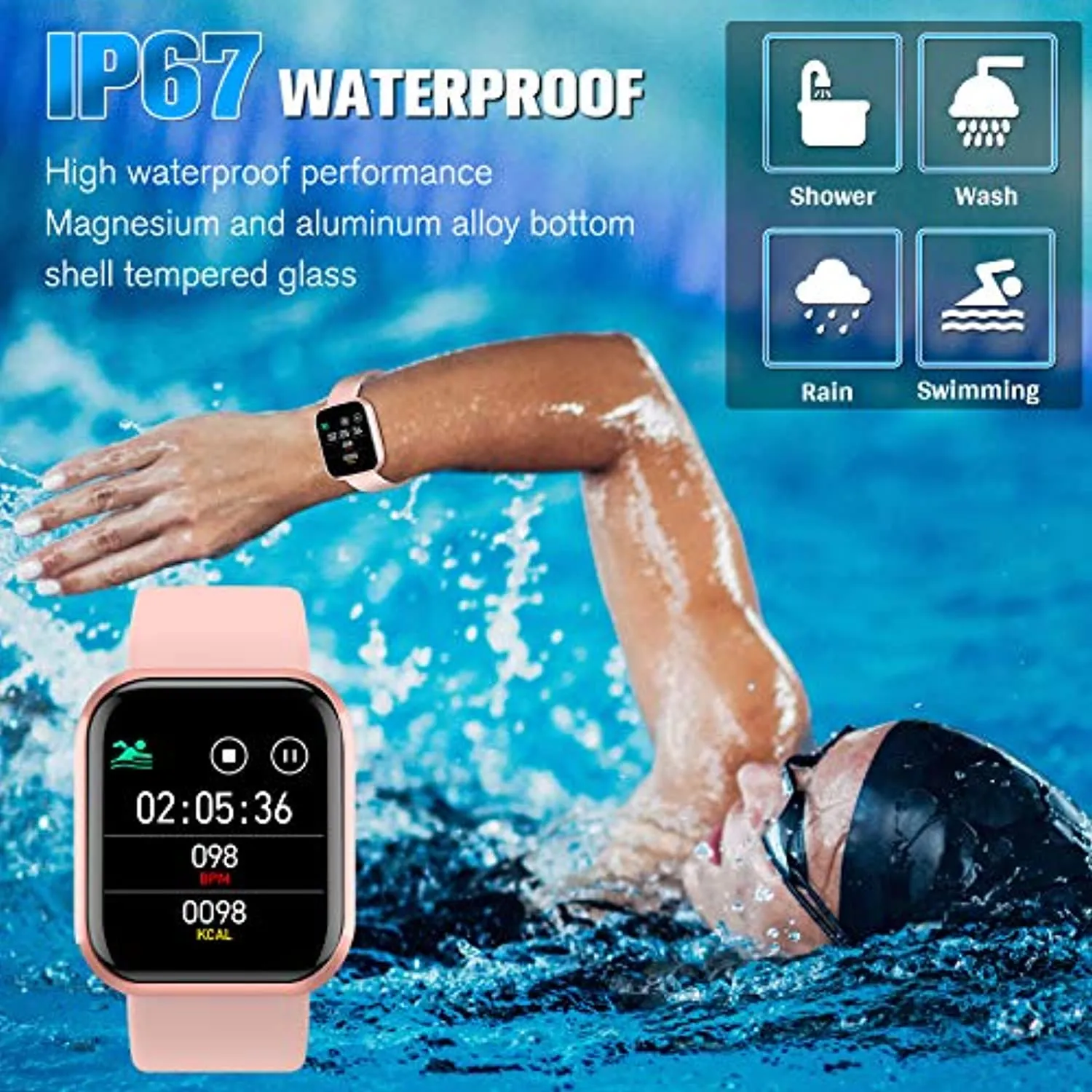 Pradory Smart Watch, Fitness Watch Activity Tracker with Blood Pressure Heart Rate Monitor IP67 Waterproof Bluetooth Smartwatch Touch Screen Sports Tracker Watch for iOS Phones Android Women Men Pink