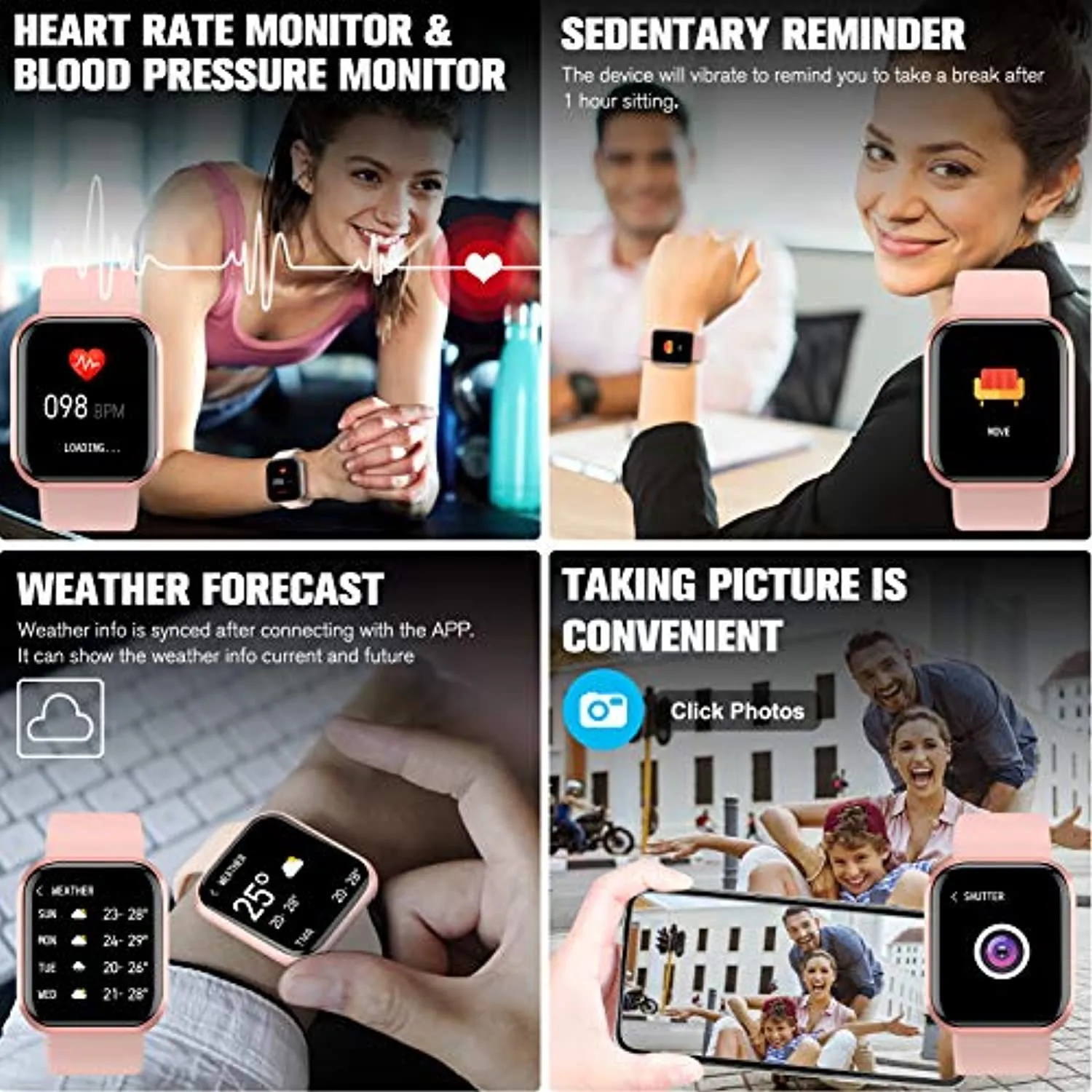 Pradory Smart Watch, Fitness Watch Activity Tracker with Blood Pressure Heart Rate Monitor IP67 Waterproof Bluetooth Smartwatch Touch Screen Sports Tracker Watch for iOS Phones Android Women Men Pink