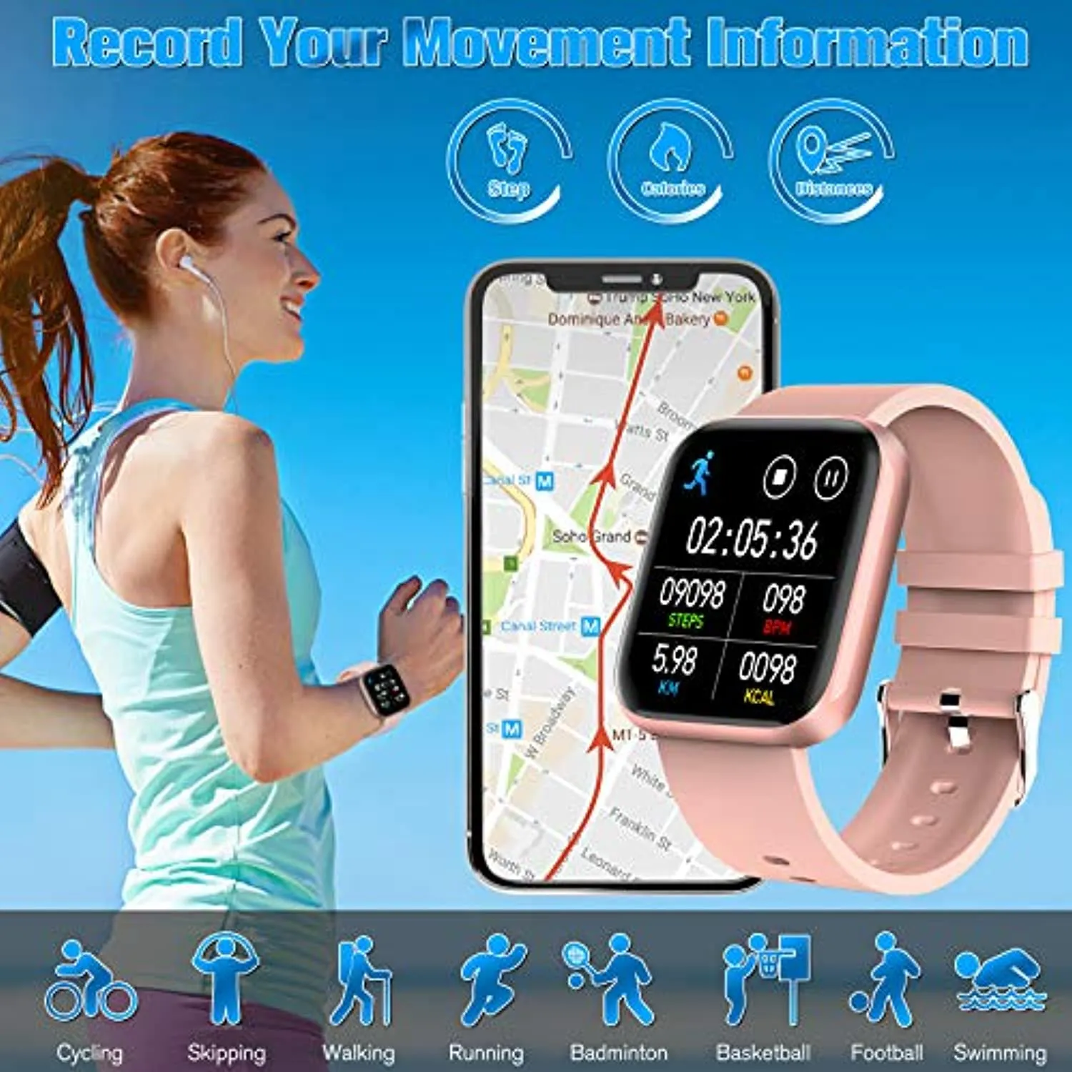 Pradory Smart Watch, Fitness Watch Activity Tracker with Blood Pressure Heart Rate Monitor IP67 Waterproof Bluetooth Smartwatch Touch Screen Sports Tracker Watch for iOS Phones Android Women Men Pink