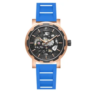PUNCH Mens Watch, Rose Gold & Black Skeleton Automatic Watch - Blue Rubber Strap