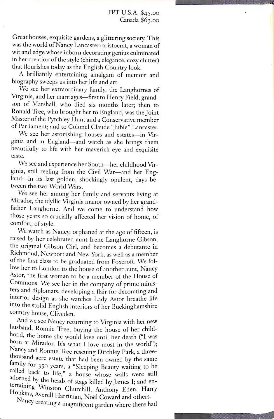 "Nancy Lancaster: Her Life, Her World, Her Art" 1996 BECKER, Robert