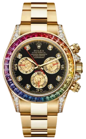 Rolex Daytona 116528 Custom Rainbow Chronograph 18K Yellow Gold & Diamonds & Sapphires Unisex Wath