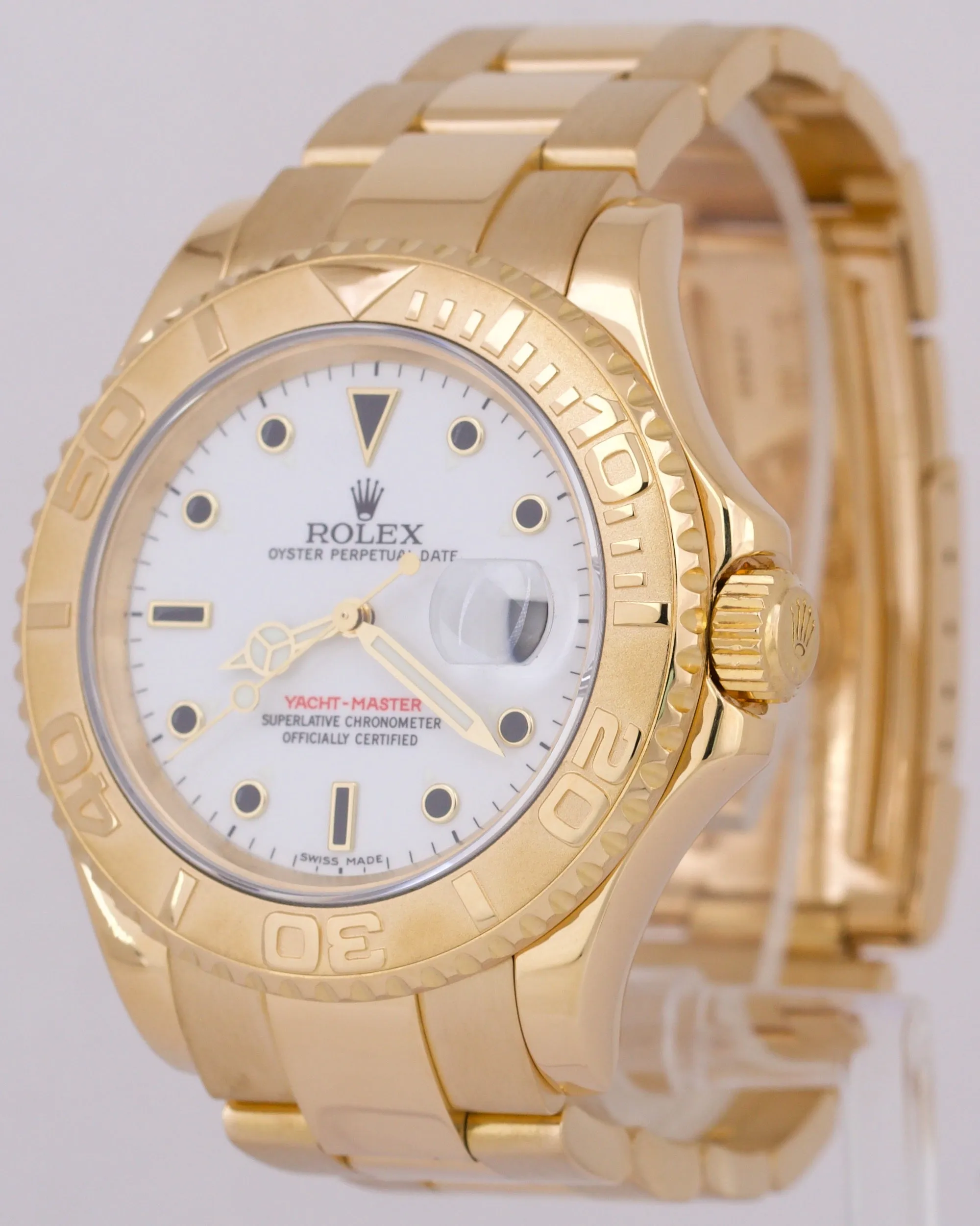 Rolex Yacht-Master 40mm WHITE 18K Yellow Gold NO-HOLES Oyster Date Watch 16628