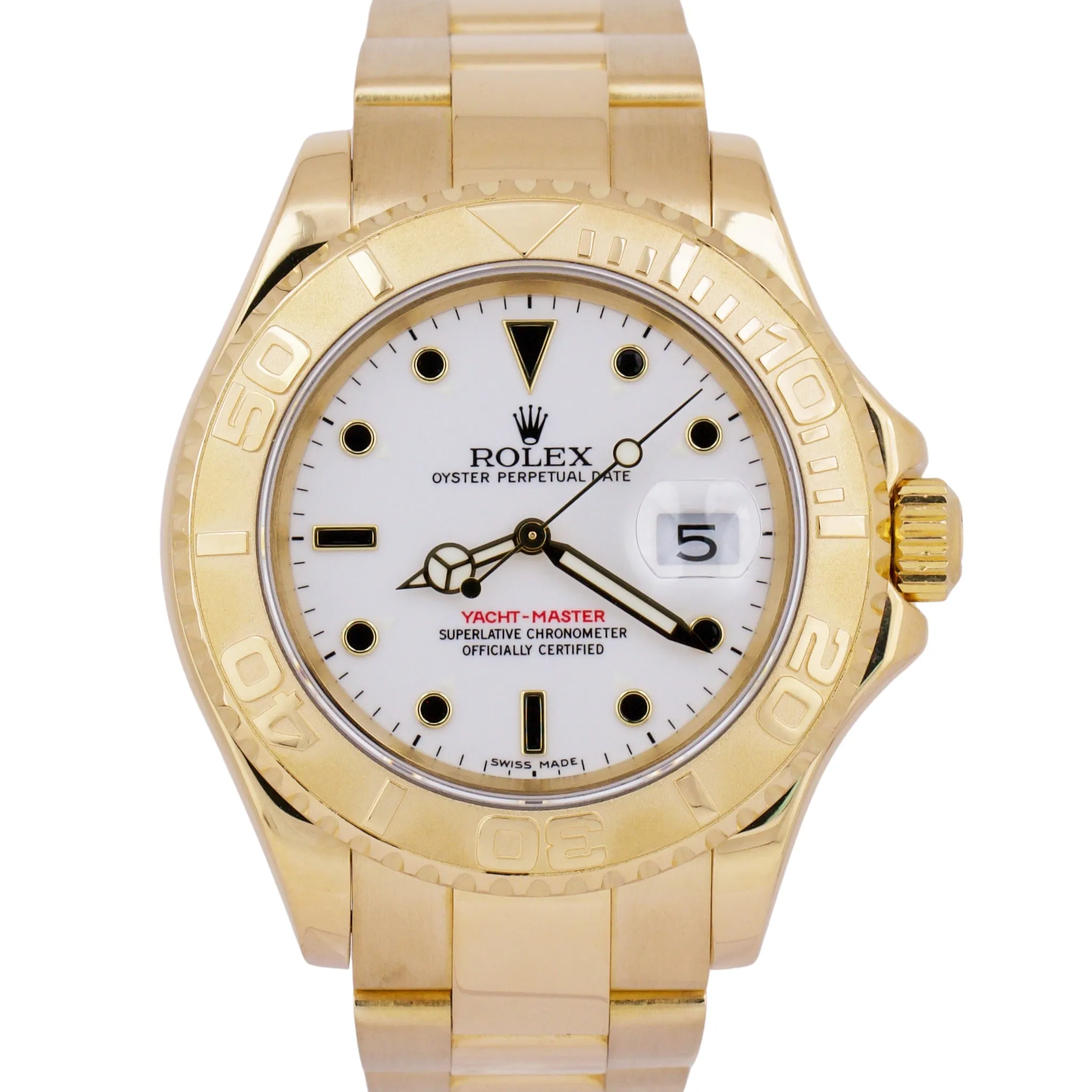 Rolex Yacht-Master 40mm WHITE 18K Yellow Gold NO-HOLES Oyster Date Watch 16628