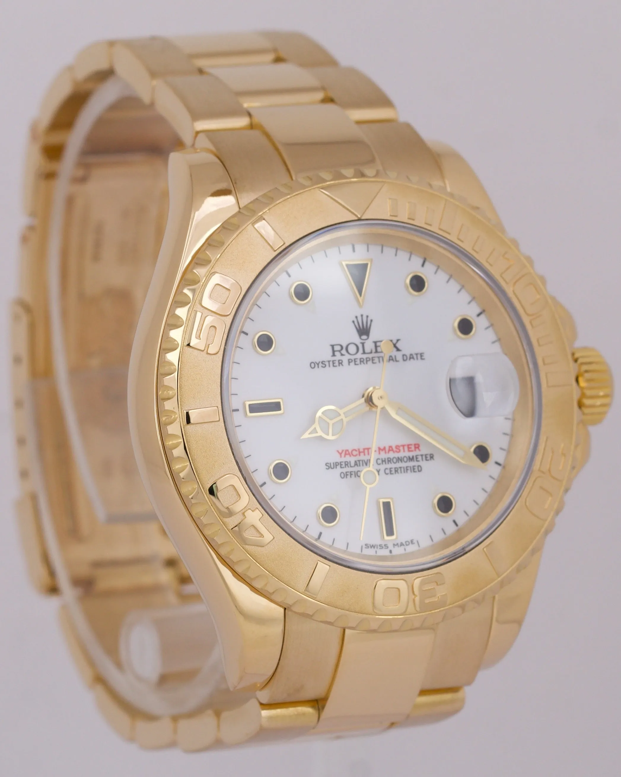 Rolex Yacht-Master 40mm WHITE 18K Yellow Gold NO-HOLES Oyster Date Watch 16628