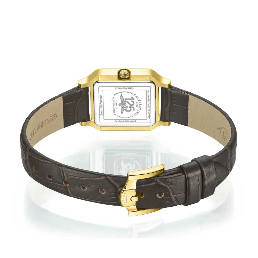 Rotary Ladies Gold Plated Small Square Brown Leather Strap Watch