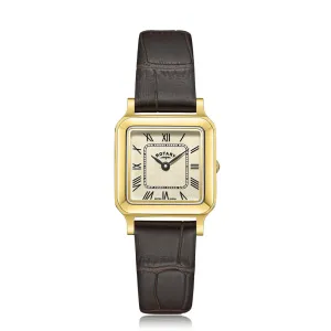 Rotary Ladies Gold Plated Small Square Brown Leather Strap Watch