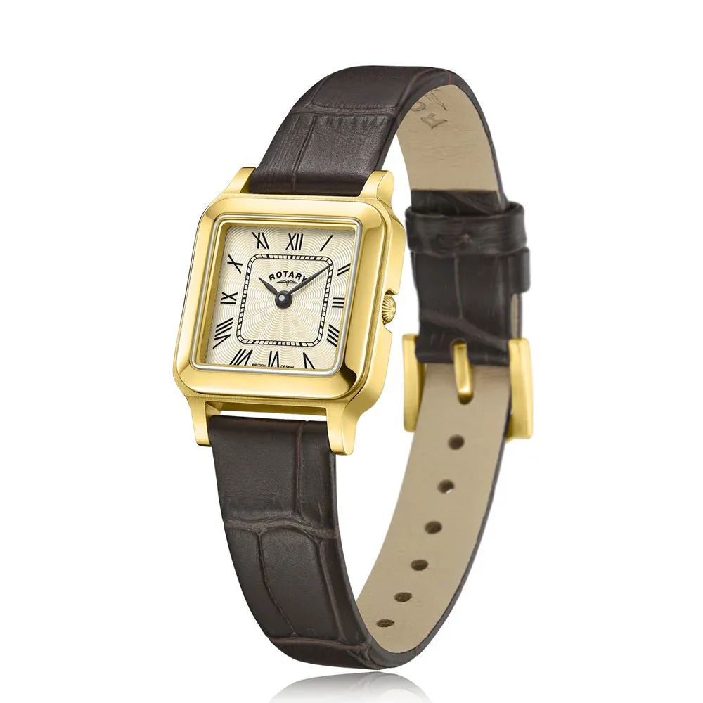 Rotary Ladies Gold Plated Small Square Brown Leather Strap Watch