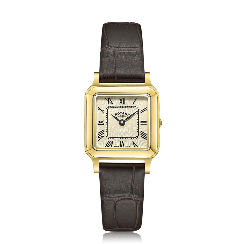 Rotary Ladies Gold Plated Small Square Brown Leather Strap Watch