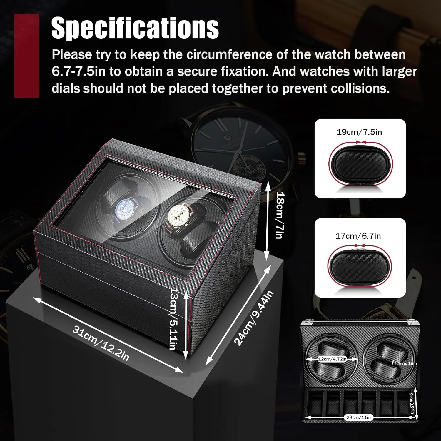 SHZICMY Watch Winder Box with Silent Bidirectional Motor, 4 Rotating  6 Storage Compartments, 10dB Quiet Automatic Watch Winder for Men/Women