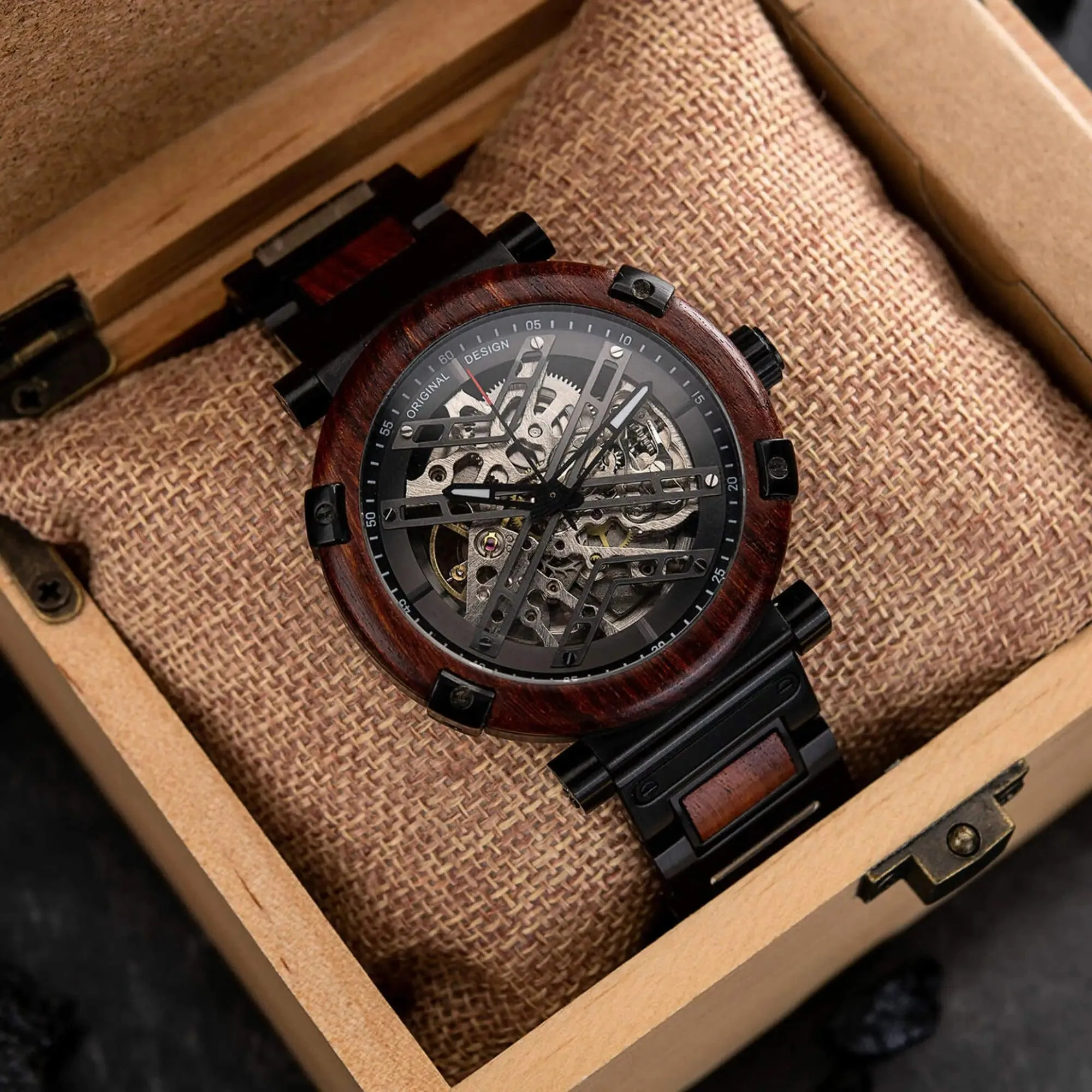 Skeleton Watches - Automatic Mechanical Men's Wooden Watch - Natural Rosewood