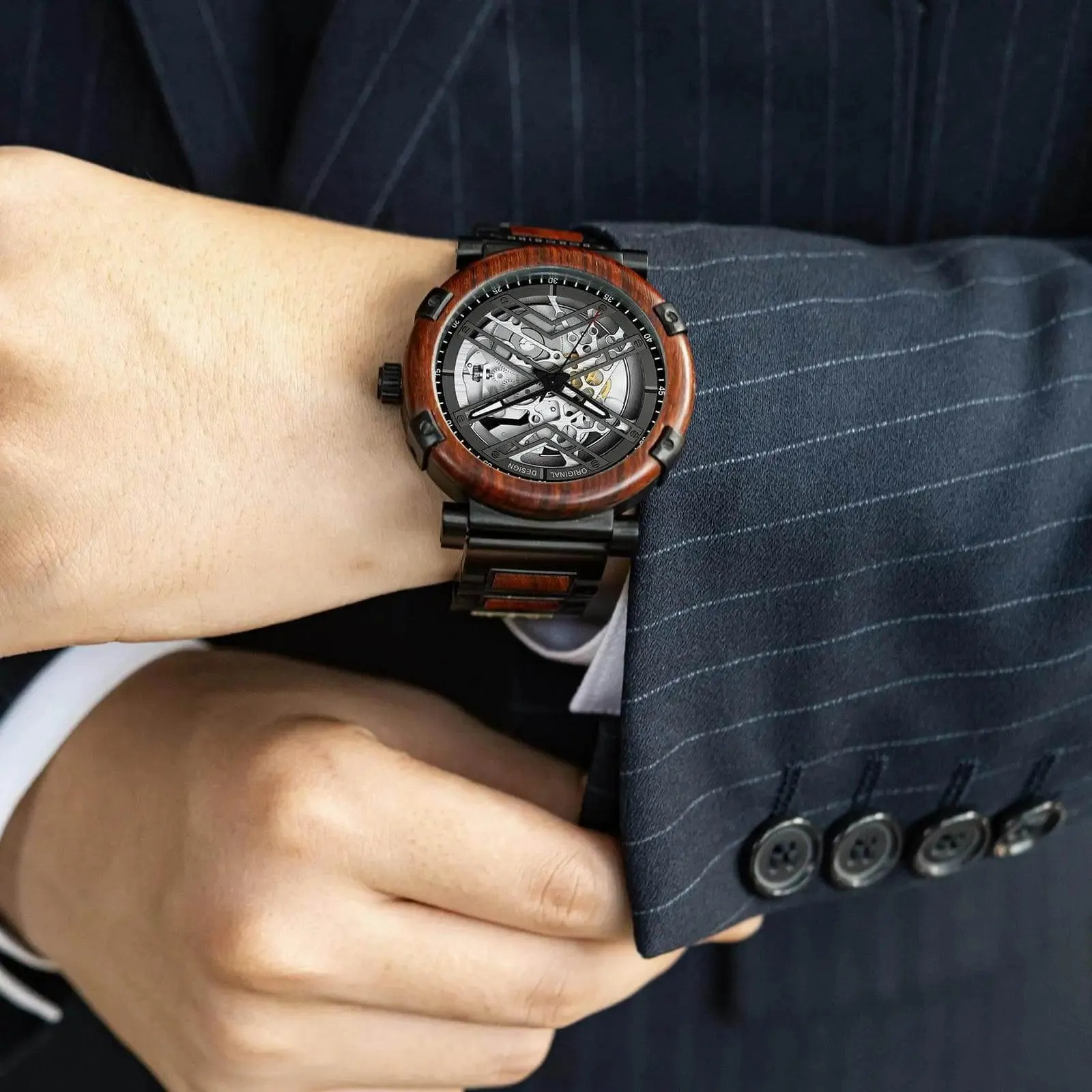 Skeleton Watches - Automatic Mechanical Men's Wooden Watch - Natural Rosewood