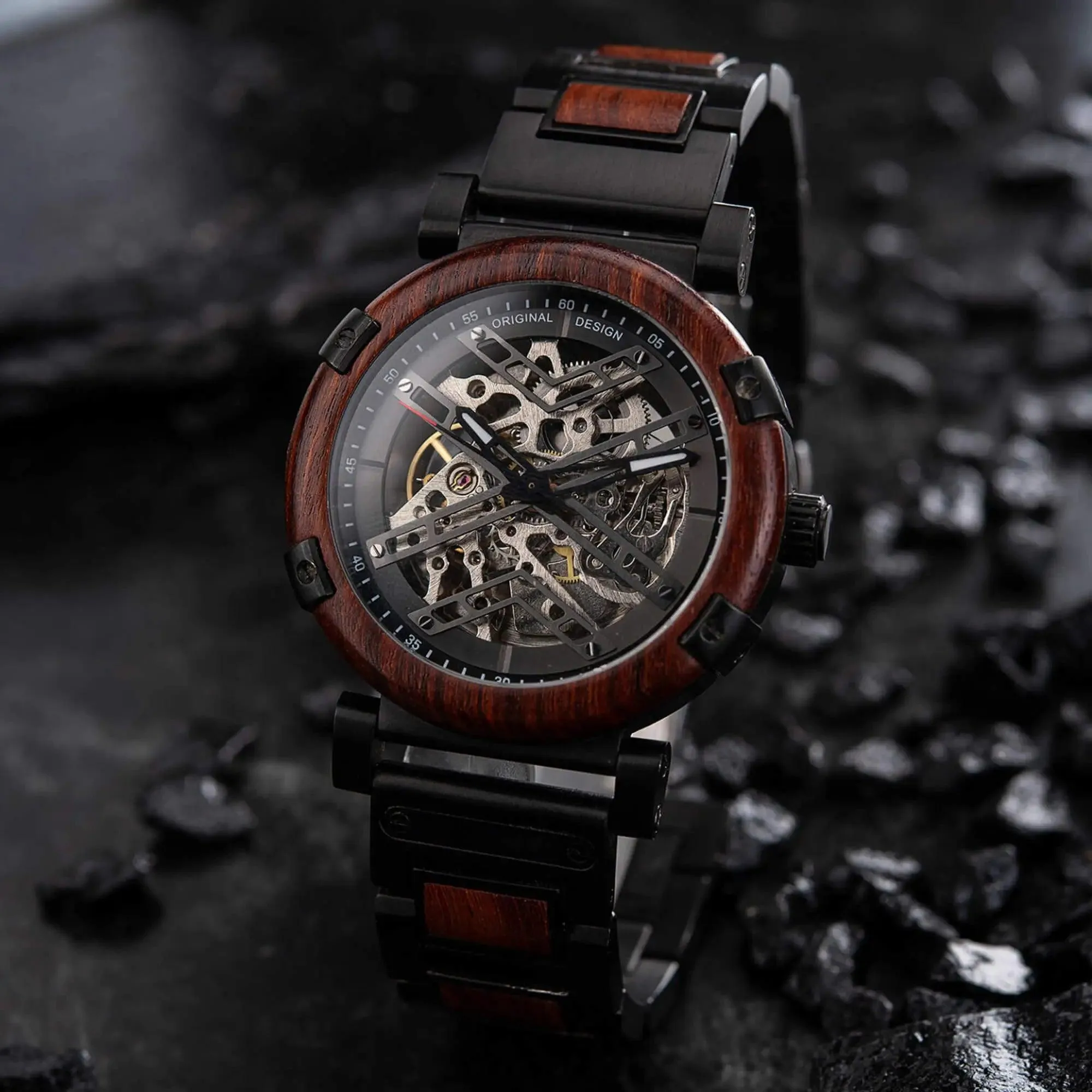Skeleton Watches - Automatic Mechanical Men's Wooden Watch - Natural Rosewood
