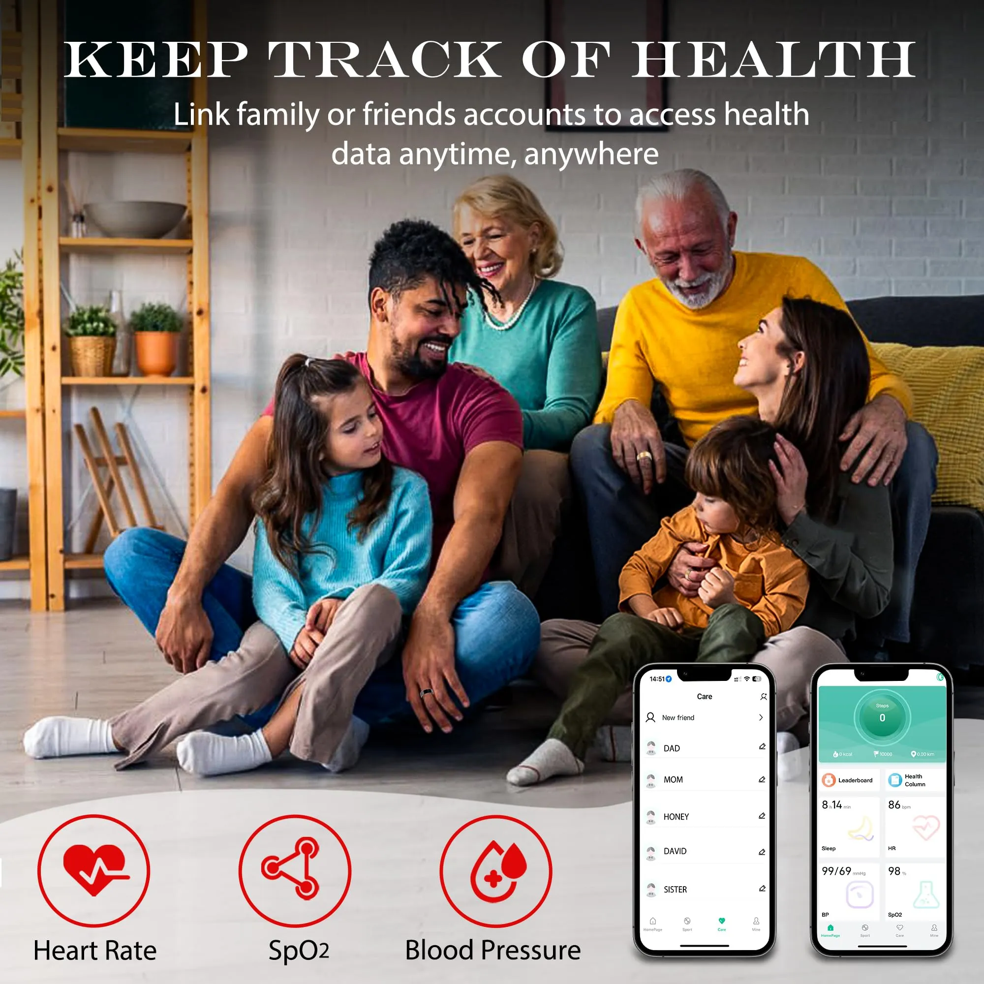 Smart Health Ring for Women Men Fitness Tracker with Heart Rate, Blood Oxygen, Blood Pressure, Sleep Monitoring, Step Counting, IP68 Waterproof for iPhone and Android, No Subscription Fee, Gold 8