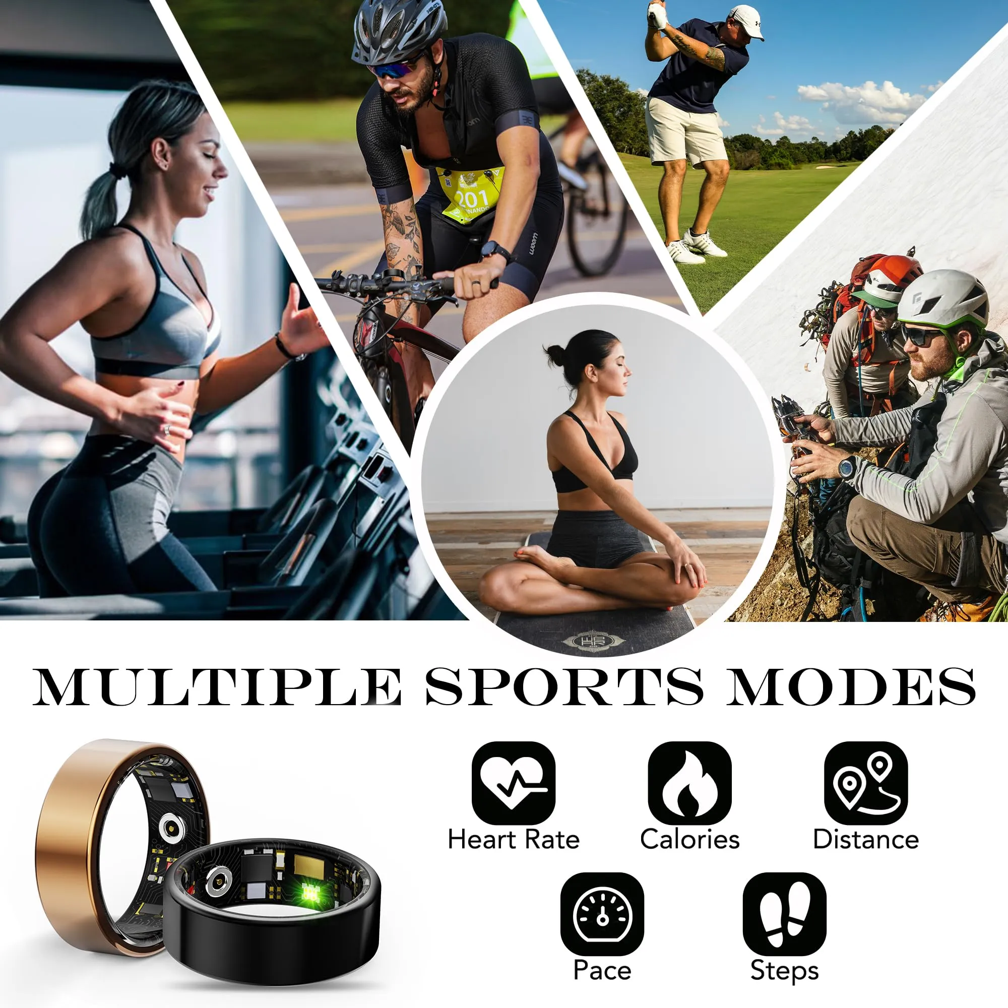 Smart Health Ring for Women Men Fitness Tracker with Heart Rate, Blood Oxygen, Blood Pressure, Sleep Monitoring, Step Counting, IP68 Waterproof for iPhone and Android, No Subscription Fee, Gold 8