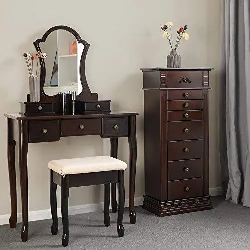 SONGMICS Large Jewelry Armoire Cabinet Standing Storage Chest Neckalce Organizer Dark Walnut UJJC14K