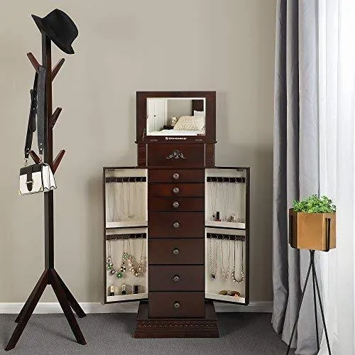 SONGMICS Large Jewelry Armoire Cabinet Standing Storage Chest Neckalce Organizer Dark Walnut UJJC14K