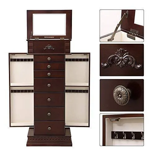 SONGMICS Large Jewelry Armoire Cabinet Standing Storage Chest Neckalce Organizer Dark Walnut UJJC14K